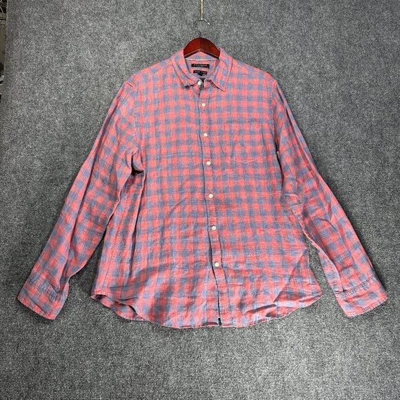 Banana Republic Shirt Mens Large Camden Fit Red Blue Linen Check Button Down - Picture 1 of 8